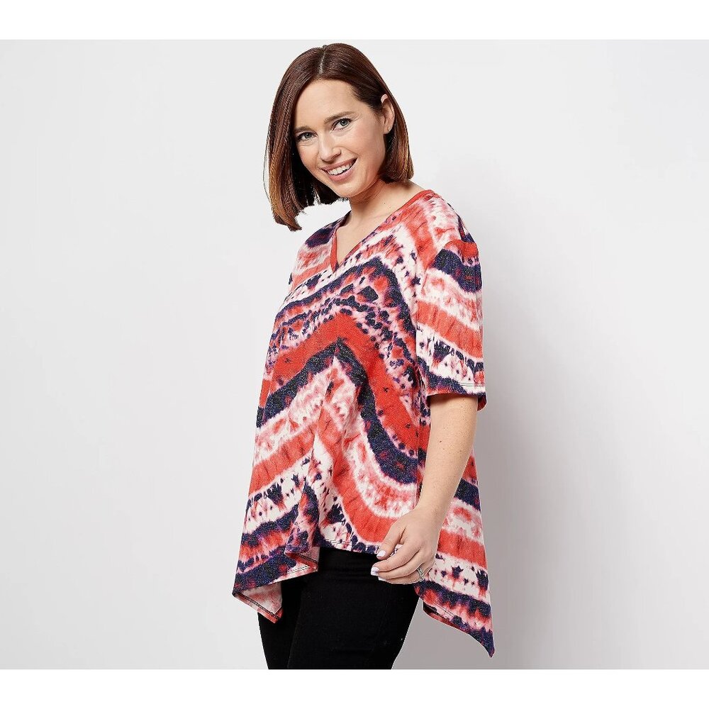 Attitudes by Renee Printed Asymmetrical Hi Low Hem Tee Size XS Red Blue Poly NEW